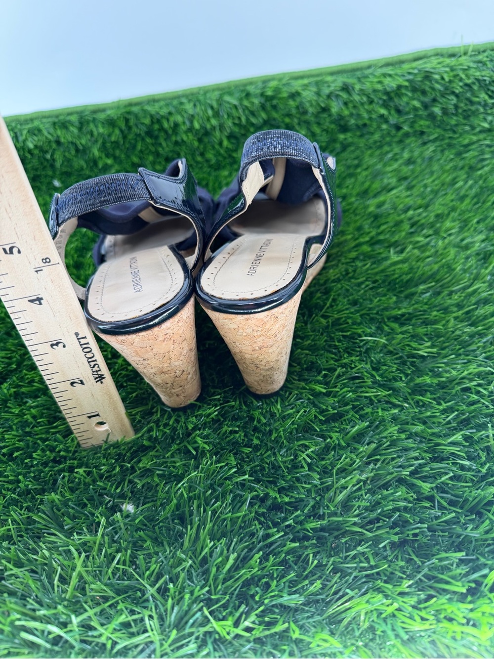 Adrienne Vittadini Collyn Navy Blue Cork Wedge Sandals Patent Trim 8M - Picture 8 of 8